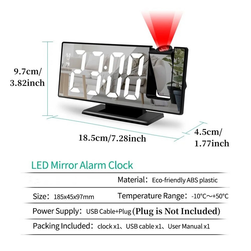 Цифров будилник 180° Arm Projection Будилник с Time Temperature Snooze Настолен часовник 12/24H USB проектор LED часовник