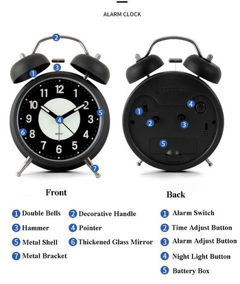 Ξυπνητήρι 4 ιντσών Vintage Silent Metal Ring Rlock, Στρογγυλό ρολόι με δείκτες με οπίσθιο φωτισμό για εκτός από διακόσμηση, Κατάλληλο για βαρείς ύπνους