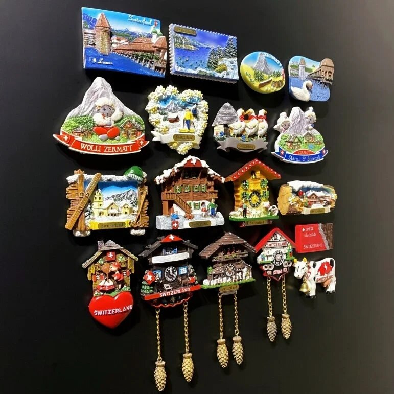 Магнити за хладилник Швейцария Ски пейзаж Часовник с кукувица Zermatt Diemtigtal BergeLake Luzern Jungfraujoc Residence Швейцарски млечни добитък