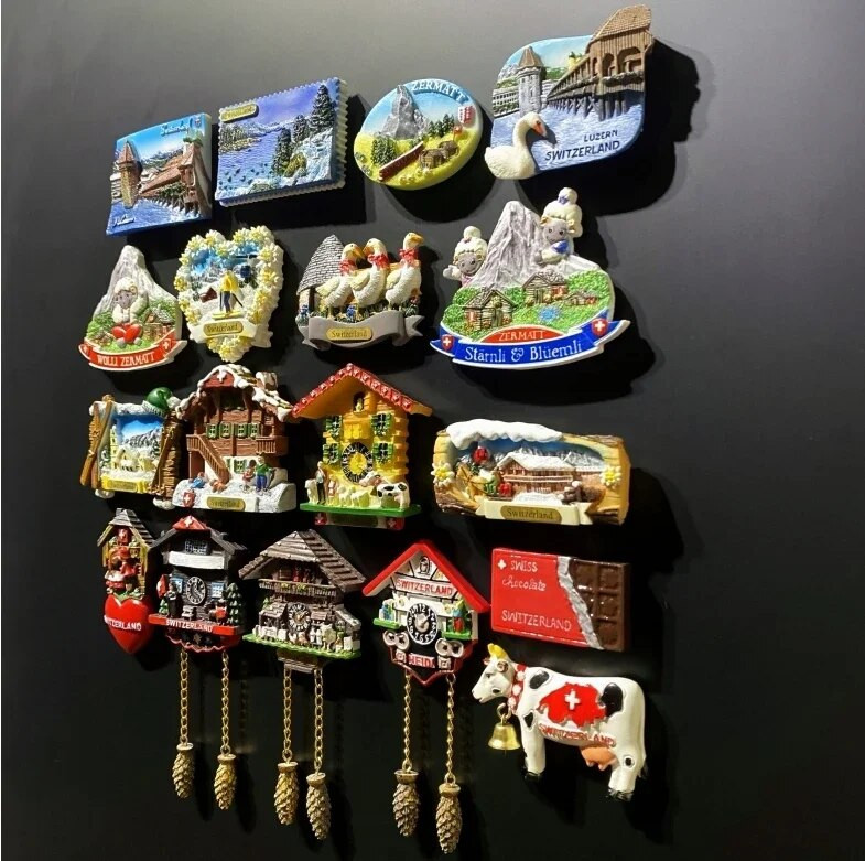 Магнити за хладилник Швейцария Ски пейзаж Часовник с кукувица Zermatt Diemtigtal BergeLake Luzern Jungfraujoc Residence Швейцарски млечни добитък