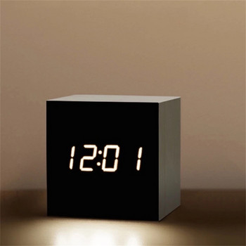 Квадратен дигитален LED будилник Дървен ретро светещ часовник Настолен декор за маса Гласово управление Функция за отлагане Настолен часовник