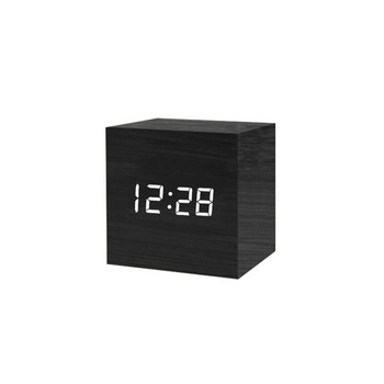 Квадратен дигитален LED будилник Дървен ретро светещ часовник Настолен декор за маса Гласово управление Функция за отлагане Настолен часовник