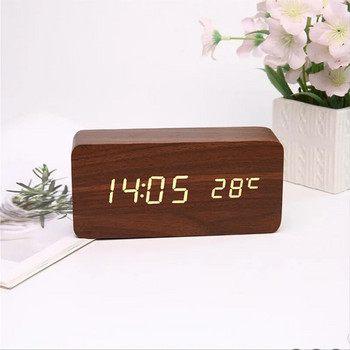 Дървен цифров будилник, LED будилник с температура Настолни часовници за офис, Нощен часовник