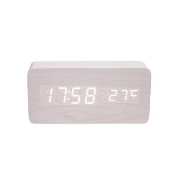 Дървен цифров будилник, LED будилник с температура Настолни часовници за офис, Нощен часовник