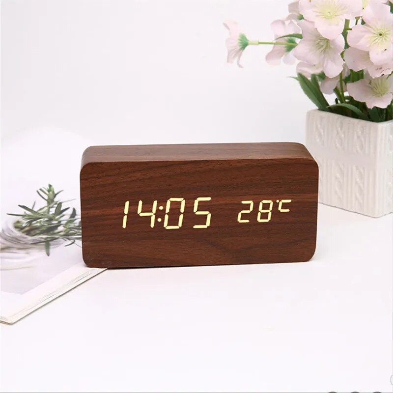 Дървен цифров будилник, LED будилник с температура Настолни часовници за офис, Нощен часовник