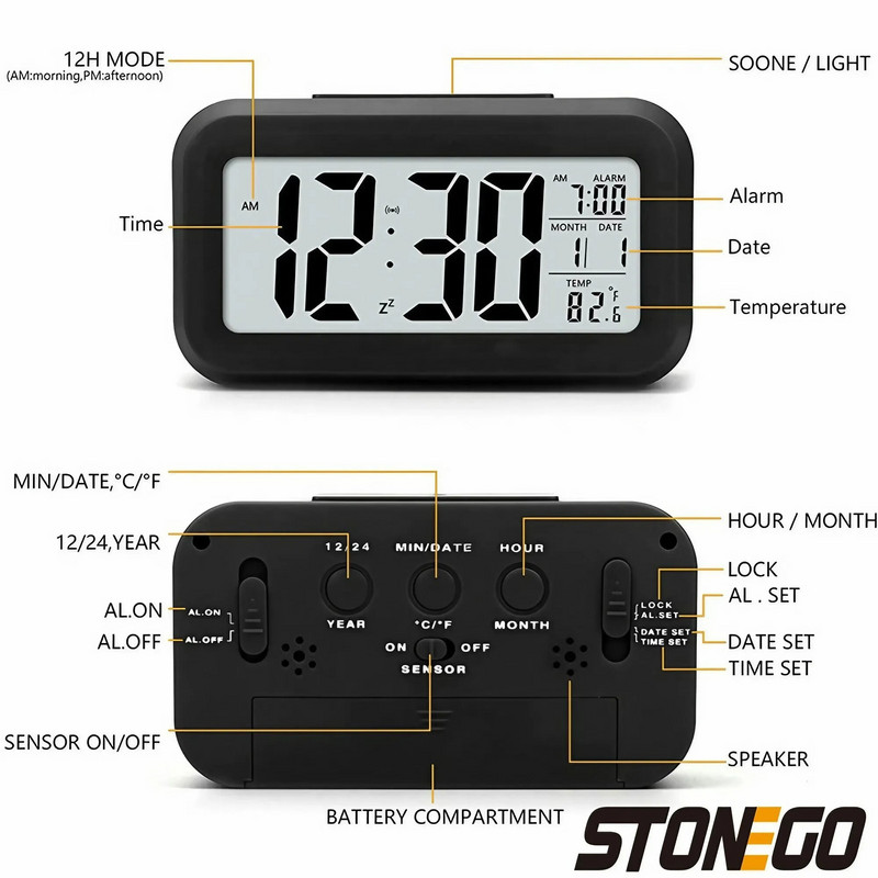 STONEGO 1PC Мултифункционален цифров будилник Настолен часовник LED подсветка Цифров будилник Интелигентен температурен електронен часовник