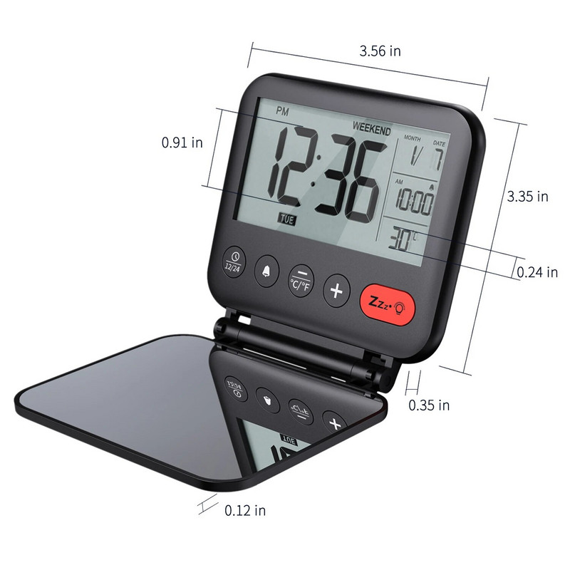 Мини преносим дигитален будилник за пътуване с LCD подсветка Календар Температура 12/24H Огледало за грим Часовник Настолен часовник за спалня