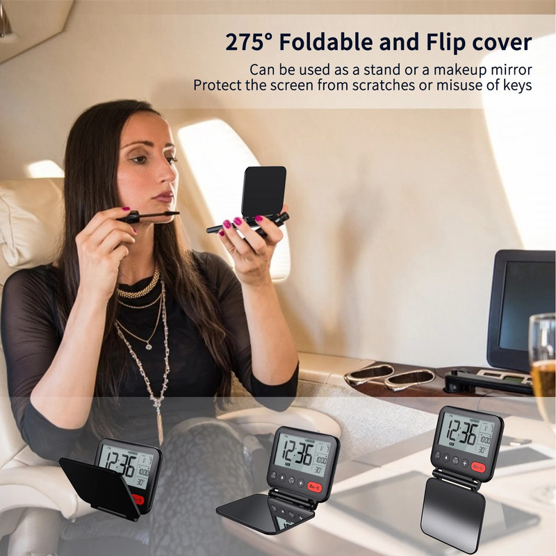 Мини преносим дигитален будилник за пътуване с LCD подсветка Календар Температура 12/24H Огледало за грим Часовник Настолен часовник за спалня
