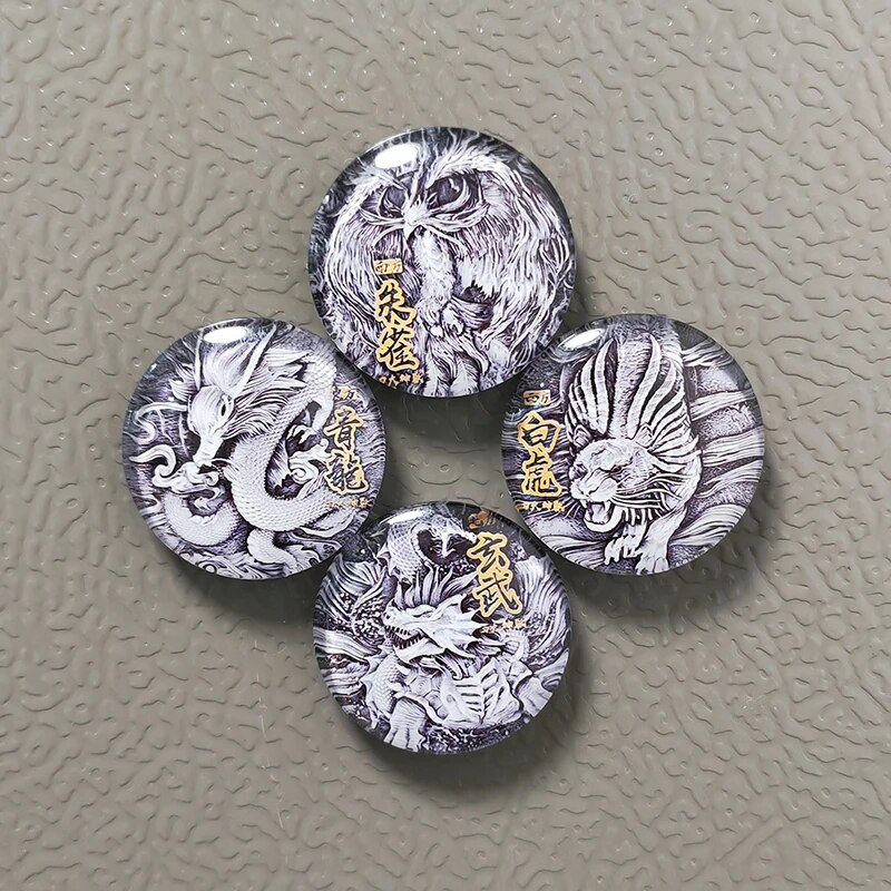 Диаметър 30 mm древен китайски божествен звяр дракон бял тигър Suzaku Xuanwu магнит за хладилник FengShui Lucky Home Decoration сувенир
