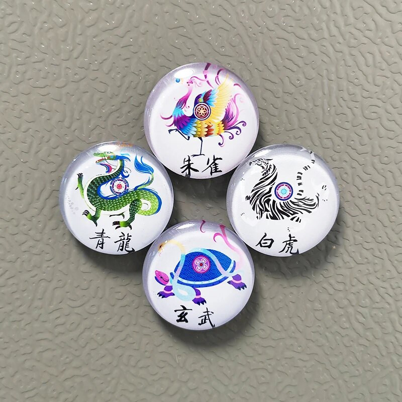 Диаметър 30 mm древен китайски божествен звяр дракон бял тигър Suzaku Xuanwu магнит за хладилник FengShui Lucky Home Decoration сувенир