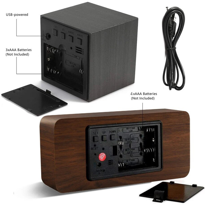 Дървен дигитален часовник Многофункционален LED будилник с дисплей за час/ дата/ температура и гласово управление за домашен офис Trave