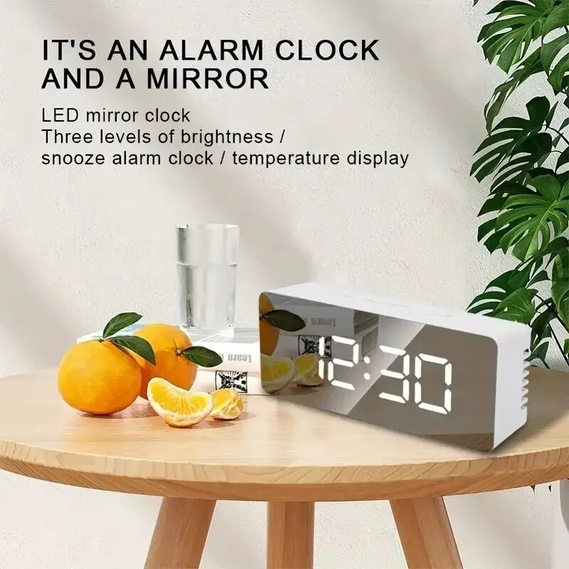 LED огледало Настолен часовник Цифрова аларма Snooze Display Time Нощна светлина Настолен USB будилник Декорация на дома за спалня Офис