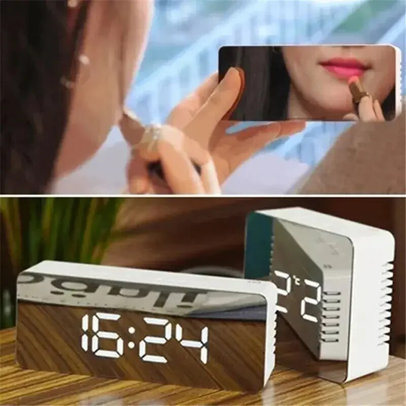 LED огледало Настолен часовник Цифрова аларма Snooze Display Time Нощна светлина Настолен USB будилник Декорация на дома за спалня Офис