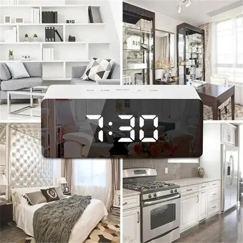 LED огледало Настолен часовник Цифрова аларма Snooze Display Time Нощна светлина Настолен USB будилник Декорация на дома за спалня Офис
