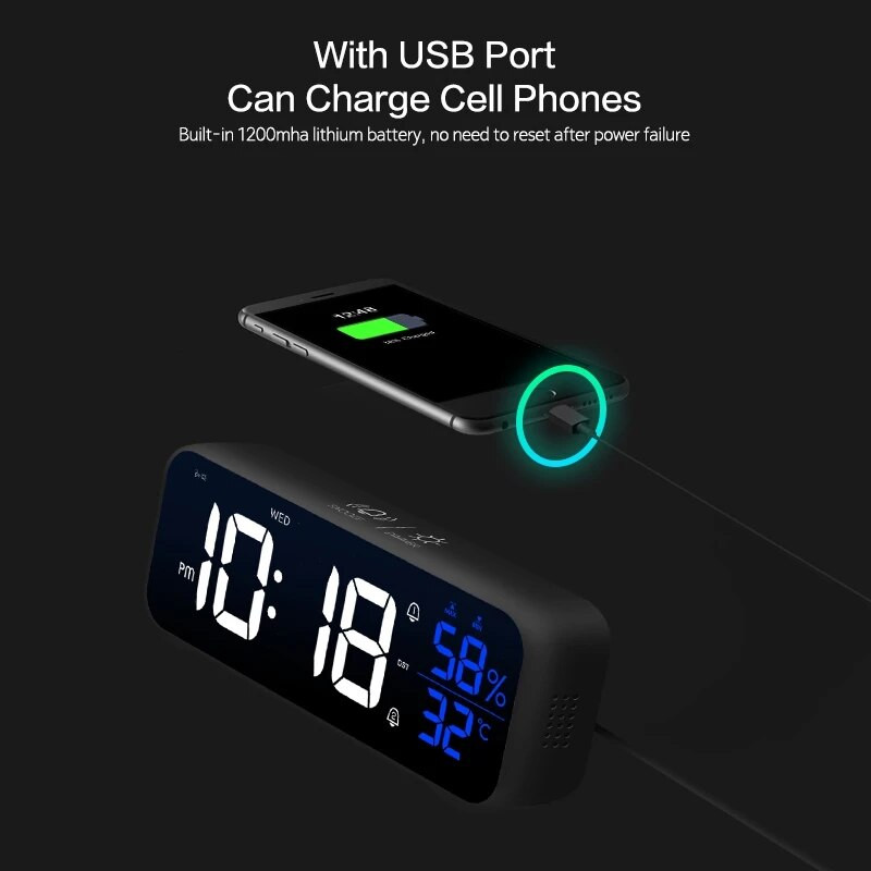 LED Музикален будилник Температура Влажност Гласово управление/Alaways On Настолен часовник Двойна аларма Стенни акумулаторни цифрови часовници