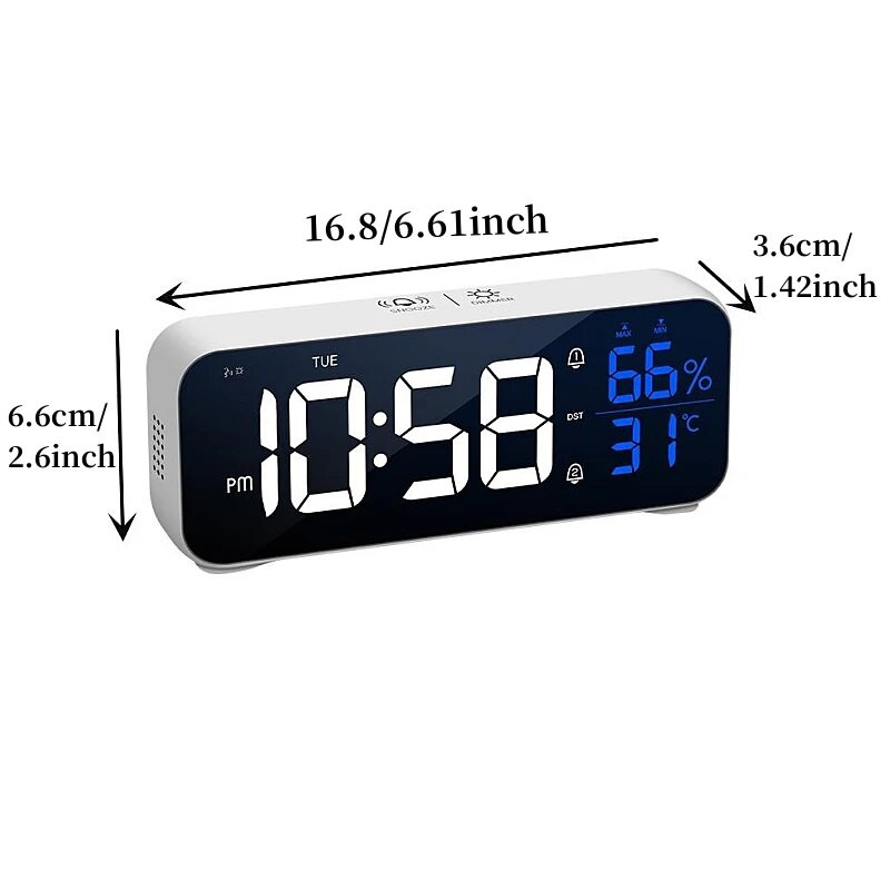 LED Музикален будилник Температура Влажност Гласово управление/Alaways On Настолен часовник Двойна аларма Стенни акумулаторни цифрови часовници