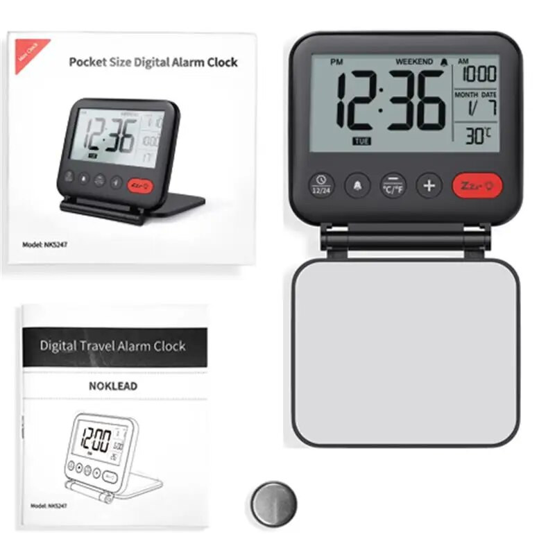 NOKLEAD Домашен сгъваем мини часовник за пътуване Цифров LCD термометър Часовник за пътуване Пътуващ будилник за преносим настолен часовник