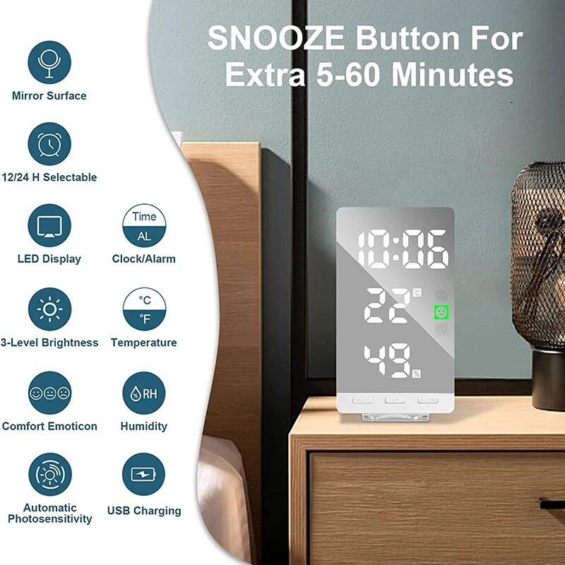 Цифров будилник LED часовник с температура и влажност Настолни часовници за офис, стенен часовник, нощен часовник с USB зарядно