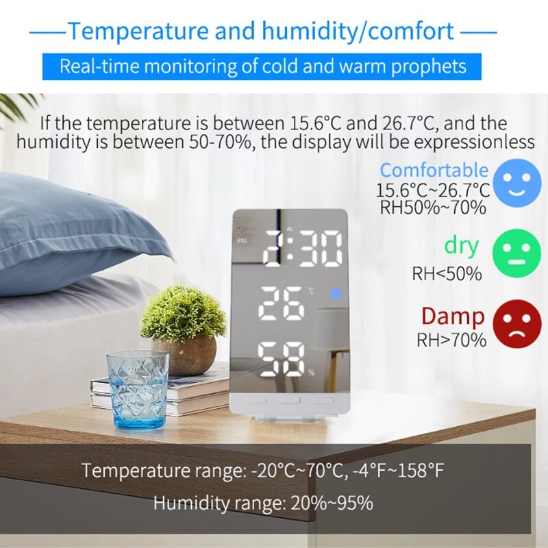 Цифров будилник LED часовник с температура и влажност Настолни часовници за офис, стенен часовник, нощен часовник с USB зарядно