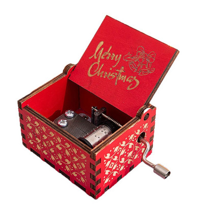 Piros Merry Christmas téma Zenedoboz faragás fából készült hajtókaros zenedoboz Mikulás újévi karácsonyi ajándék gyerekeknek Barát