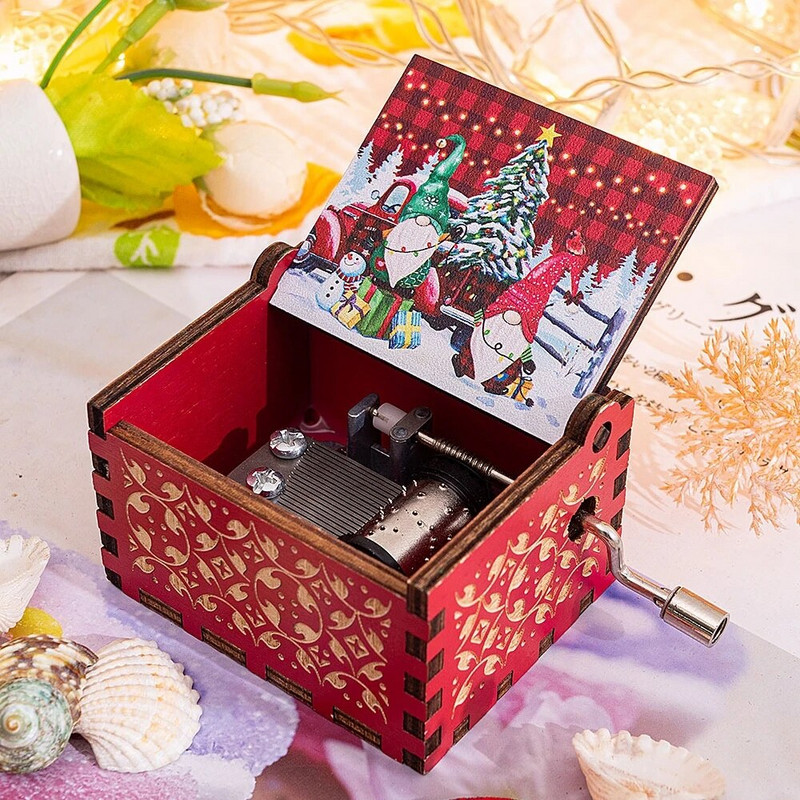 Crvena Glazbena kutija s sretnom božićnom temom Rezbarenje Drvena ručna ručica Glazbena kutija Djed Mraz Novogodišnji božićni dar za djecu Prijatelj