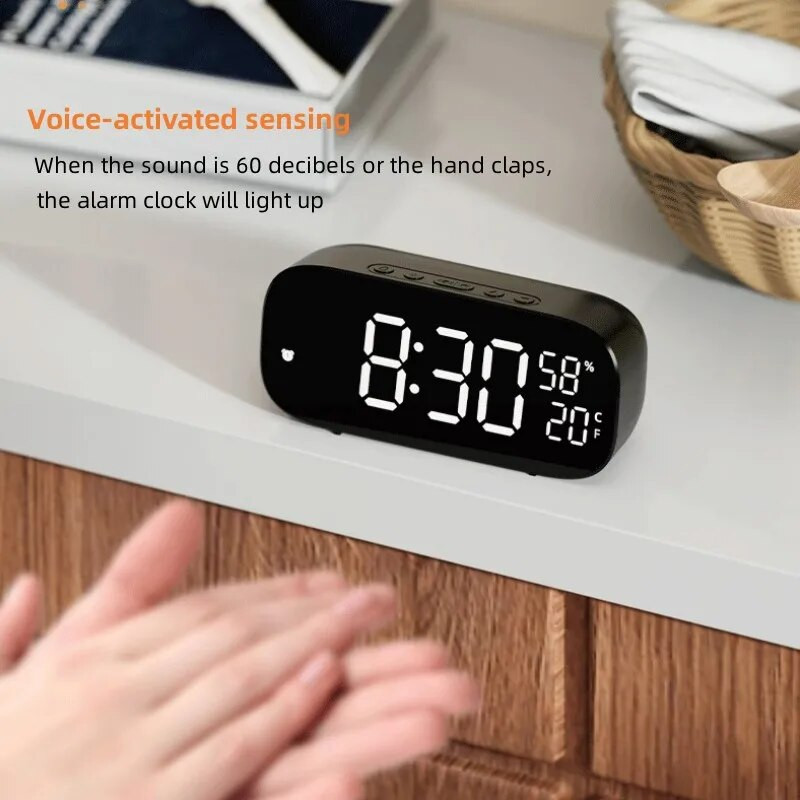 LED цифров часовник Будилник Гласов контрол Температура Влажност Дисплей Време Отлагане Включете Електронен настолен часовник 12/24H