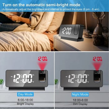 Ψηφιακό Ξυπνητήρι LED Προβολή 180° Περιστροφή LED Ψηφιακό Ξυπνητήρι Προβολή θερμοκρασίας Επιτραπέζιο ρολόι δίπλα στο κρεβάτι