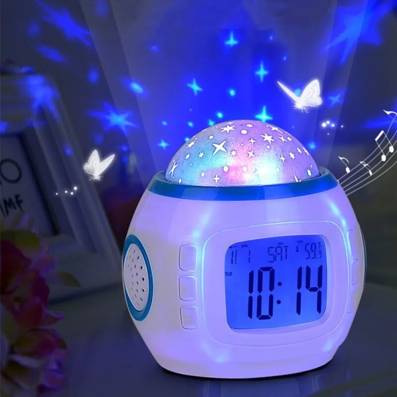 Фантастична музика, пълна със звезди, проекция, цифров будилник, деца, сън, будилник, нощ, цветна светлина, декор на стаята, декор на дома