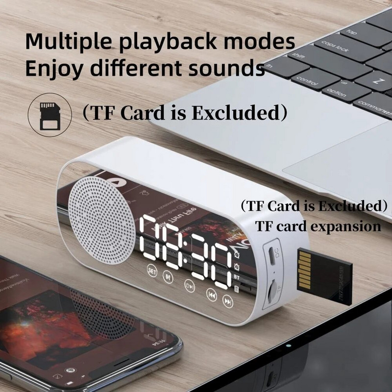11.6*5.1*3.3cm LED огледало Цифров будилник Акумулаторен безжичен часовник Двойна аларма Възпроизвеждане на FM радио Безжичен високоговорител Субуфер