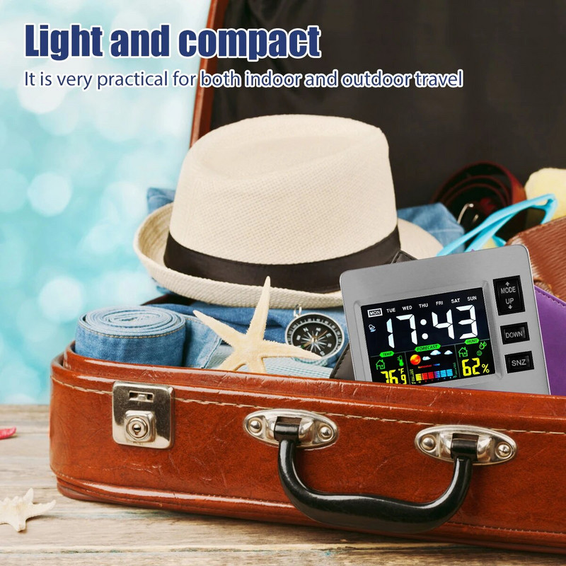 Цифров будилник с дата Време Температура Влажност Дисплей Компактен цифров часовник с дрямка с HD цветен екран Преносим