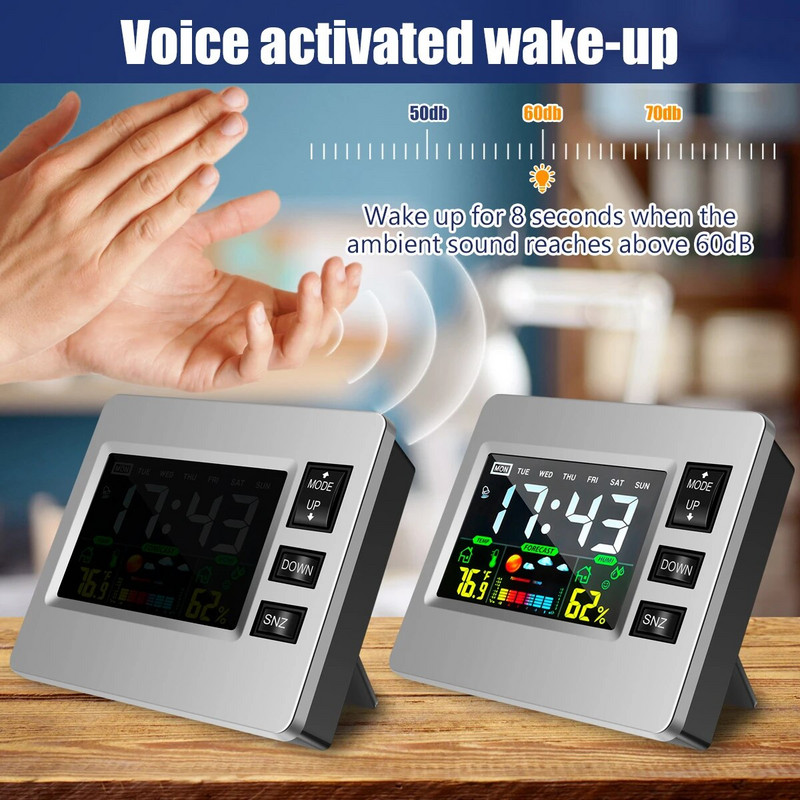 Цифров будилник с дата Време Температура Влажност Дисплей Компактен цифров часовник с дрямка с HD цветен екран Преносим