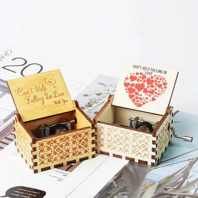 Дървена ръчно завъртана музикална кутия Can`t Help Falling in Love Тема Свети Валентин Подарък за влюбени Подарък за рожден ден за приятелка