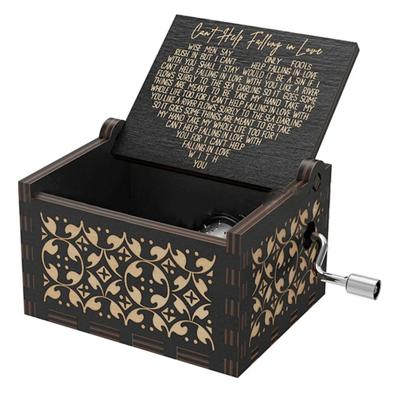 Дървена ръчно завъртана музикална кутия Can`t Help Falling in Love Тема Свети Валентин Подарък за влюбени Подарък за рожден ден за приятелка