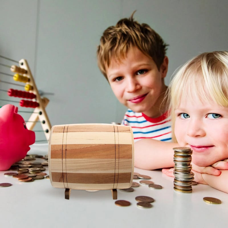 Креативна касичка Дървена касичка с монети във формата на варел Банка за пари Дървена касичка