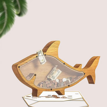 Дървена банка за пари с форма на акула Спестяваща пари Кутия за съхранение на монети Подаръци за рожден ден Декорация на дома Дете Животно Кутия за пари Бебешки спомен