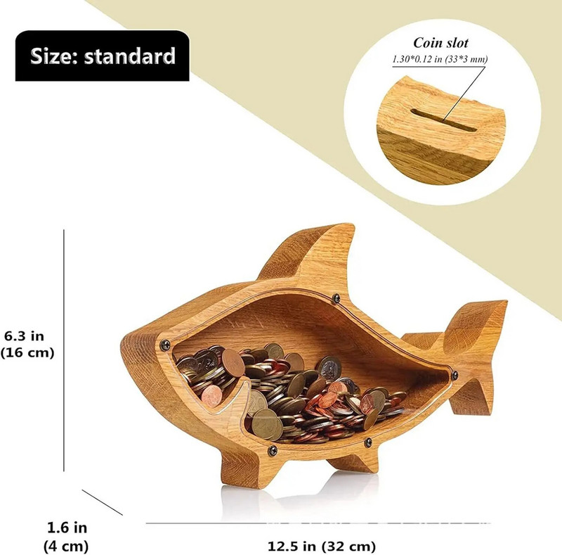 Дървена банка за пари с форма на акула Спестяваща пари Кутия за съхранение на монети Подаръци за рожден ден Декорация на дома Дете Животно Кутия за пари Бебешки спомен