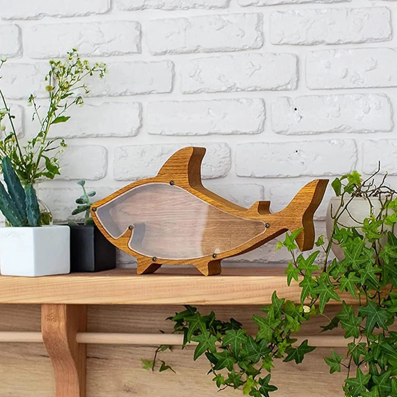 Дървена банка за пари с форма на акула Спестяваща пари Кутия за съхранение на монети Подаръци за рожден ден Декорация на дома Дете Животно Кутия за пари Бебешки спомен