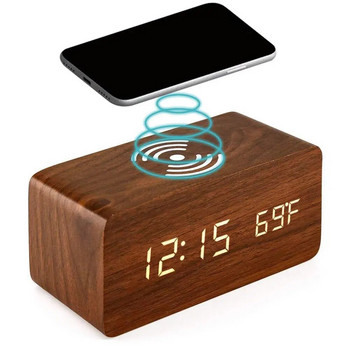 Επιτραπέζιο Ψηφιακό ρολόι Ξύλινο Ξυπνητήρι Ασύρματο ρολόι φόρτισης για επιτραπέζιο υπνοδωμάτιο γραφείου LED οθόνη θερμόμετρο Ρολόι υγρασίας