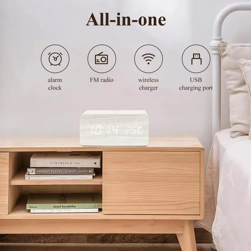 Настолен цифров часовник Дървен будилник Безжичен часовник за зареждане за маса Спалня Офис LED дисплей Термометър Влажност Часовник