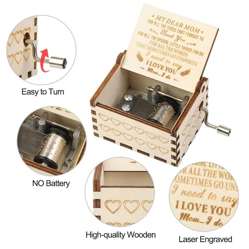 Дървена ръчна манивела Музикална кутия Ретро изящна мини музикална кутия Ти си моето слънце Музикална тема Рожден ден Подарък за Ден на майката за мама