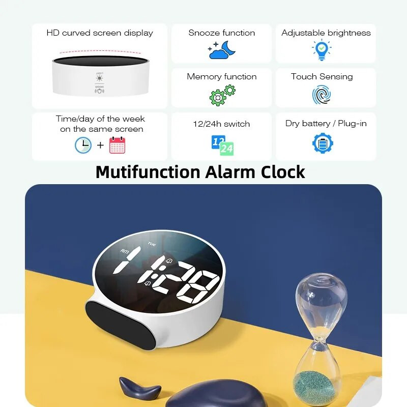 HD Цифров будилник Отлагане на ден от седмицата Дисплей Двойни аларми Безкрайно отлагане Регулиране на яркостта на настолен часовник 12/24H LED часовник