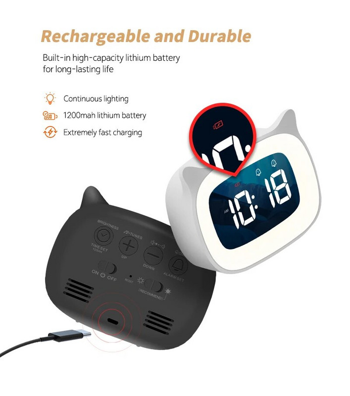 Музикален LED дигитален будилник Гласово управление Нощна светлина Дизайн Настолни часовници Декорация на домашна маса Вградена 1200mAh батерия
