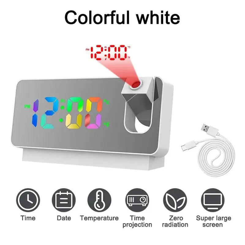 Многофункционален въртящ се на 180° прожекционен креативен будилник, LED безшумен цветен екран, подарък за прожектиране на тавана на спалнята
