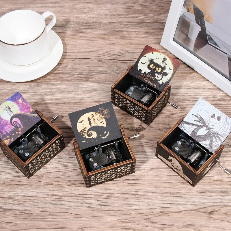 Античен гравиран калъф за музикална кутия за Хелоуин Ева Ръчна манивела Кошмар преди Коледа Дървена музикална кутия
