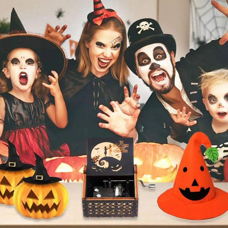 Античен гравиран калъф за музикална кутия за Хелоуин Ева Ръчна манивела Кошмар преди Коледа Дървена музикална кутия