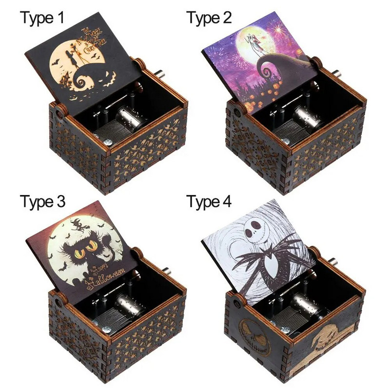 Античен гравиран калъф за музикална кутия за Хелоуин Ева Ръчна манивела Кошмар преди Коледа Дървена музикална кутия