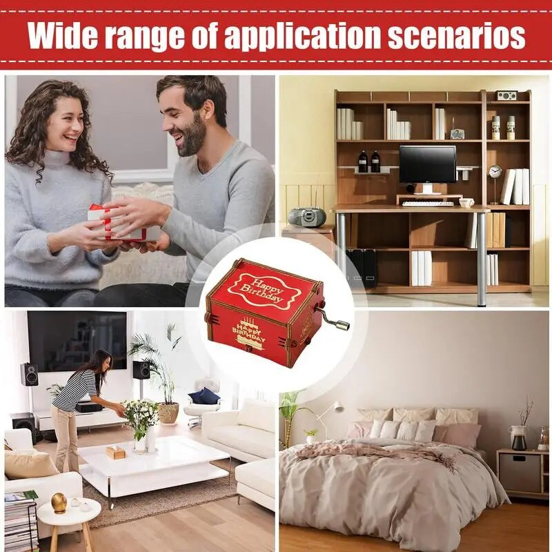 Vintage muusikakast Punane antiikne graveeritud muusikakast puidust nikerdamise ja käsitsi vända mehhanismiga Unikaalne kingitus armastatud poiss-sõbrale