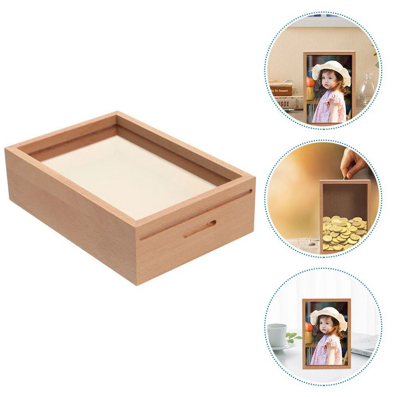 Нулева кутия за пари Дървени накрайници Прозрачни касички Витрина с сянка Банка Дървена рамка Контейнер за съхранение на пари в брой Накрайник за буркан