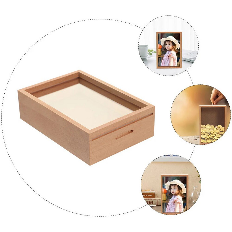 Нулева кутия за пари Дървени накрайници Прозрачни касички Витрина с сянка Банка Дървена рамка Контейнер за съхранение на пари в брой Накрайник за буркан