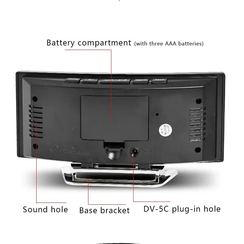 Творчески извит електронен часовник, LED голям екран Plug-in батерия, двуфункционално огледало, будилник, специално за студентска спалня